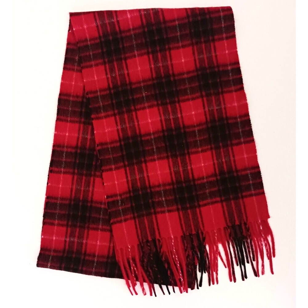 100% Cashmere Blk Red Tartan Plaid Scarf Fringed Edge Unisex